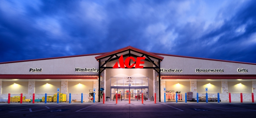 Ace Wimberley at night. Commercial building by SB Thompson Construction.