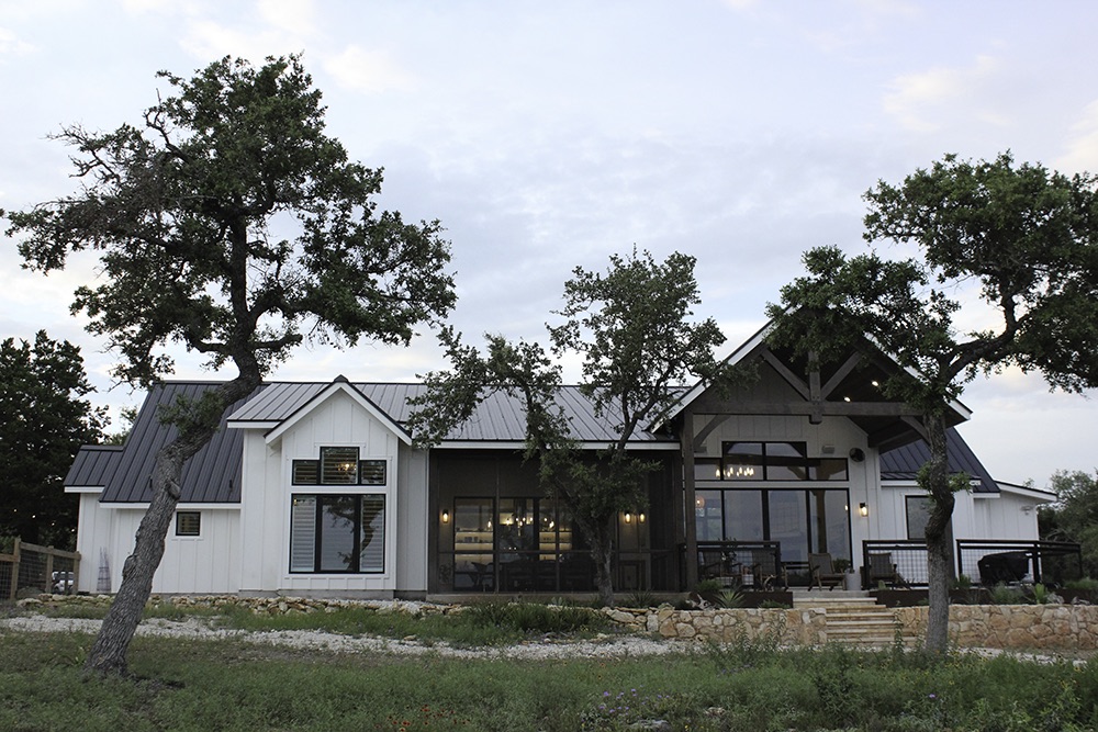 Custom Home black and white built by SB Thompson in Wimberley, Texas. Full view of the front of the house